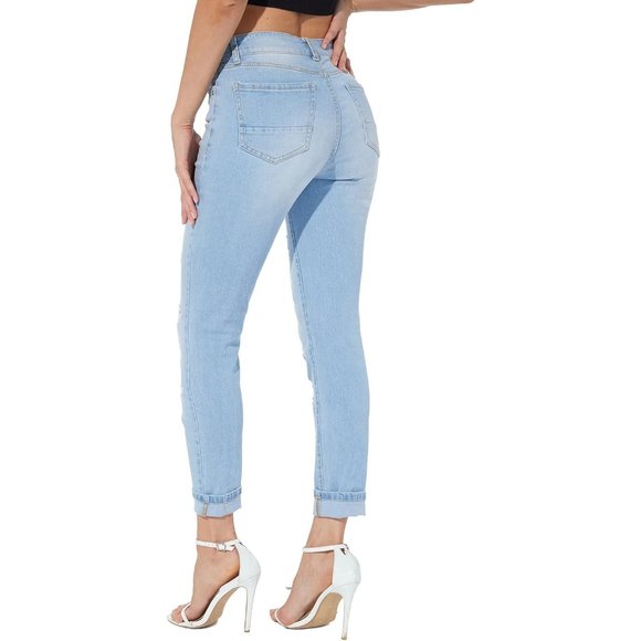 Women's High Waisted Skinny Jeans  Boyfriend Distressed with Hole - Picture 4 of 7